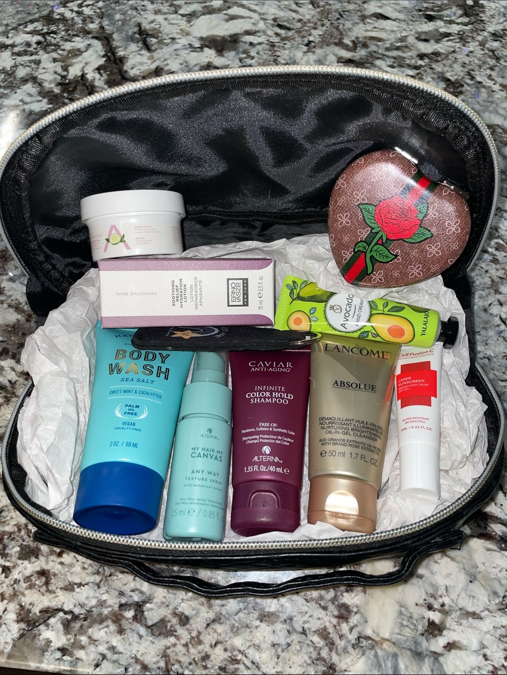 Travel Beauty Kit with Assorted Luxury Minis - black cushion top handle grip